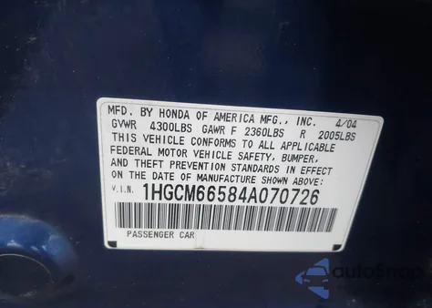 2004 Honda Accord 3.0 Ex из США, поврежденный, VIN 1HGCM66584A070726